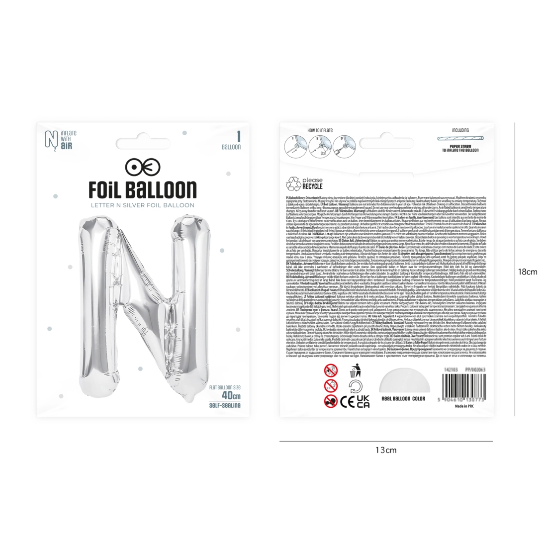 Ezüst fólia lufi N betű, 40 cm