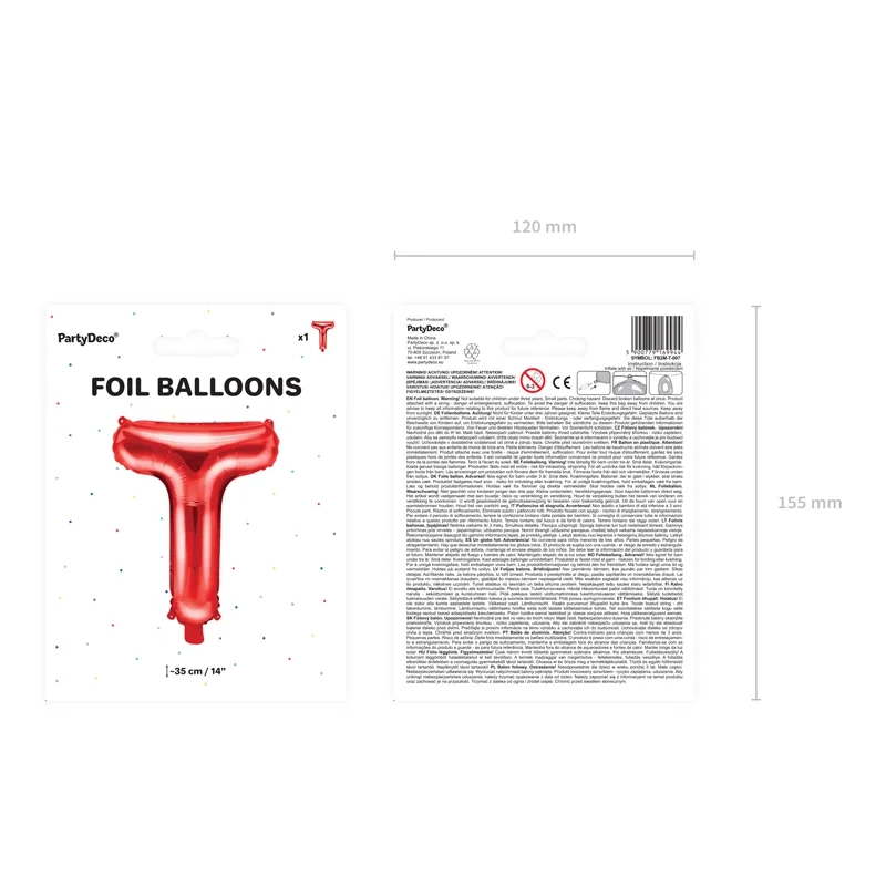 Fólia lufi T betű, piros, 35 cm