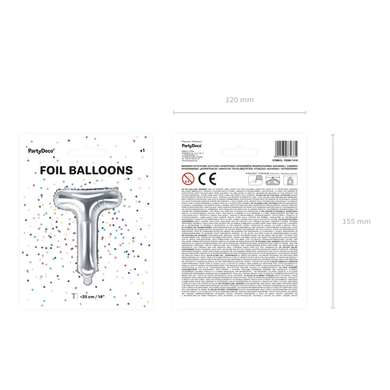 Ezüst fólia lufi T betű 35 cm partyra