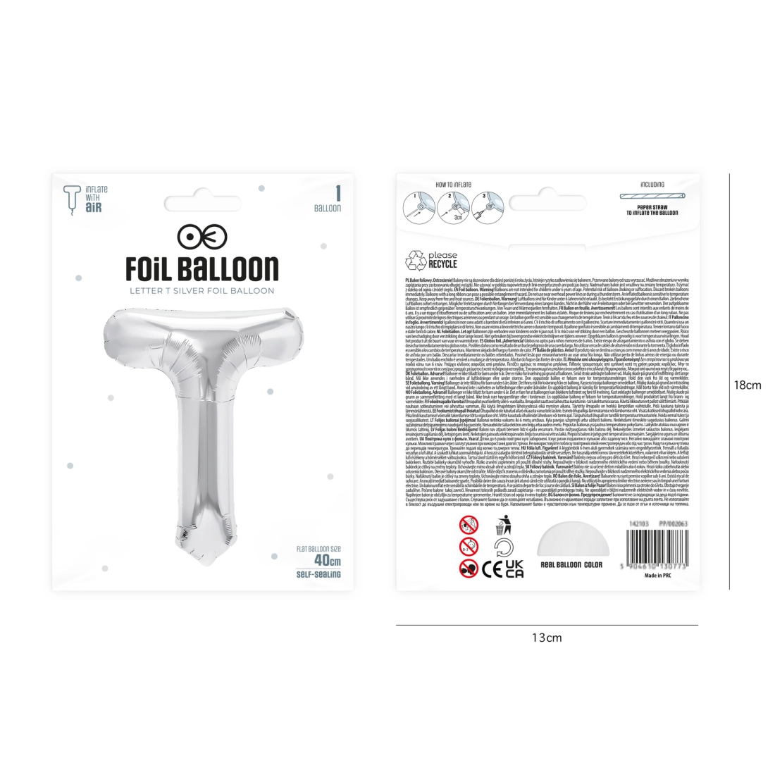 Fólia lufi „T” betű, ezüst, 40 cm