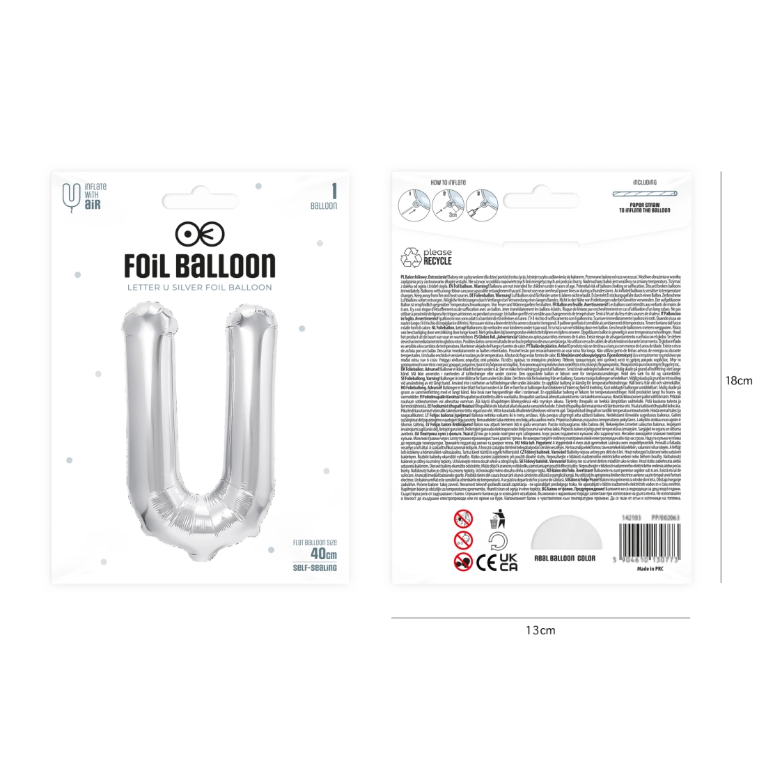 Balon folie literă U, argintiu, 40 cm