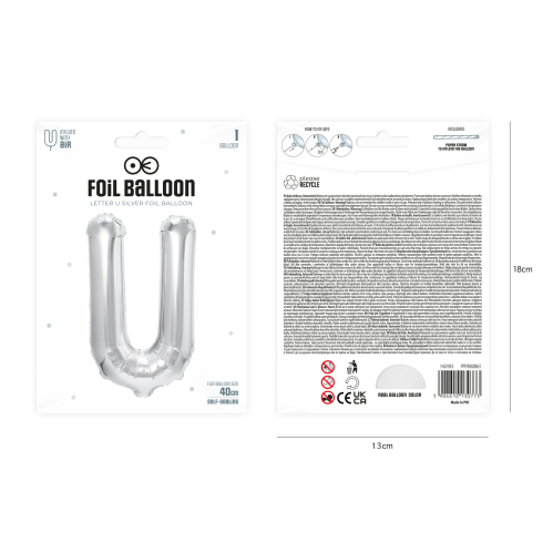 Ezüst fólia lufi U betű 40 cm Ezüst fólia lufi U betű 40 cm