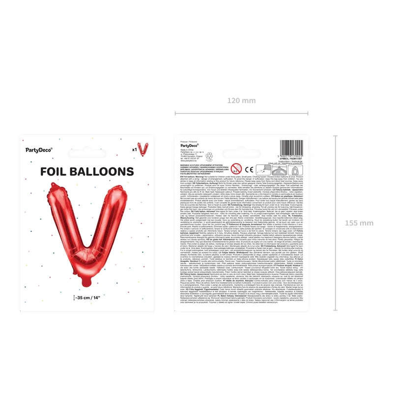 Fólia lufi V betű, piros, 35 cm, bulira