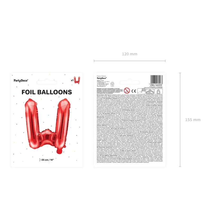 Piros fólia lufiballon W betű, 35 cm