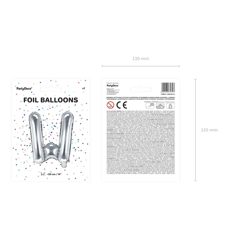 Fólia lufiballons W betű, ezüst, 35 cm