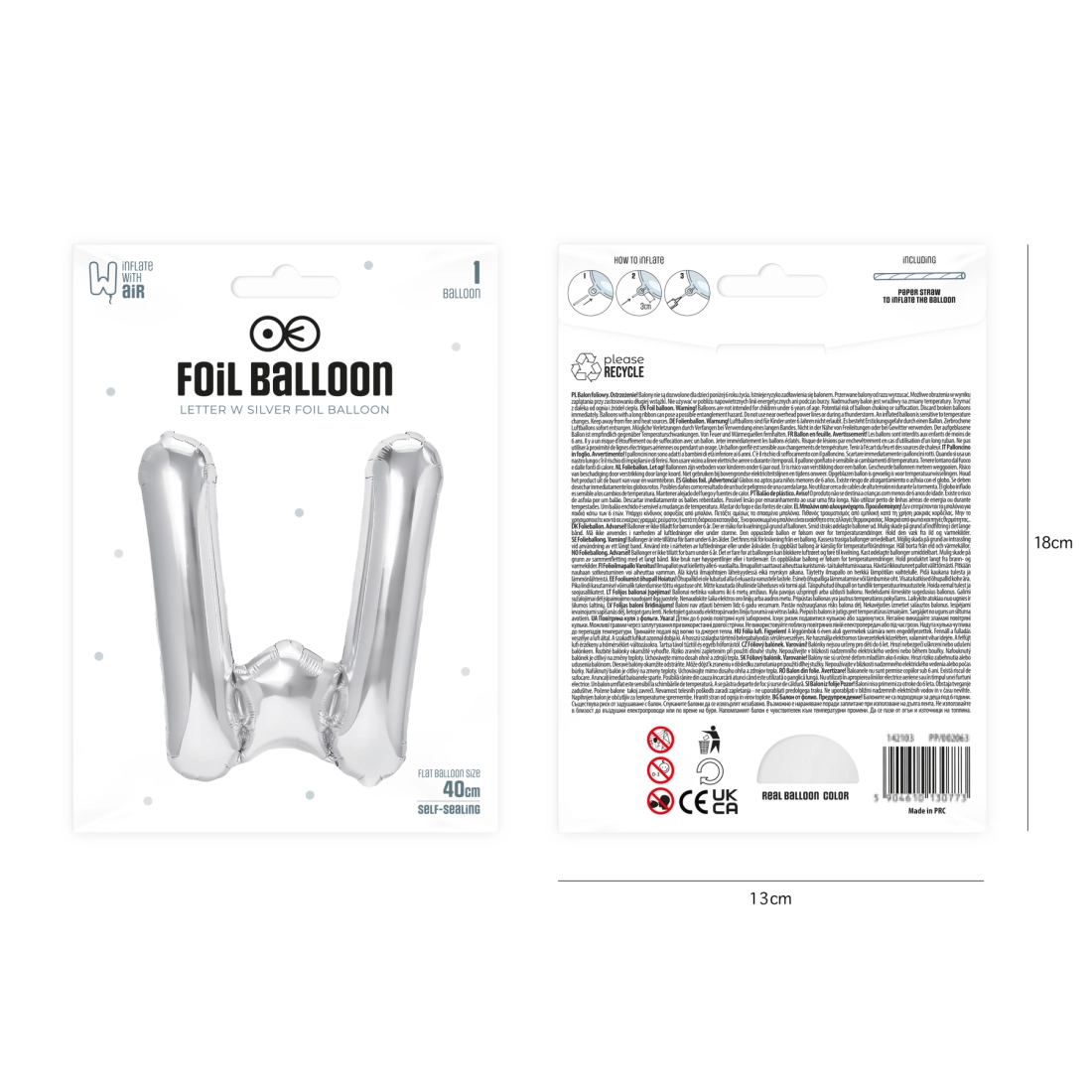 Balon folie literă W, argintiu, 40 cm