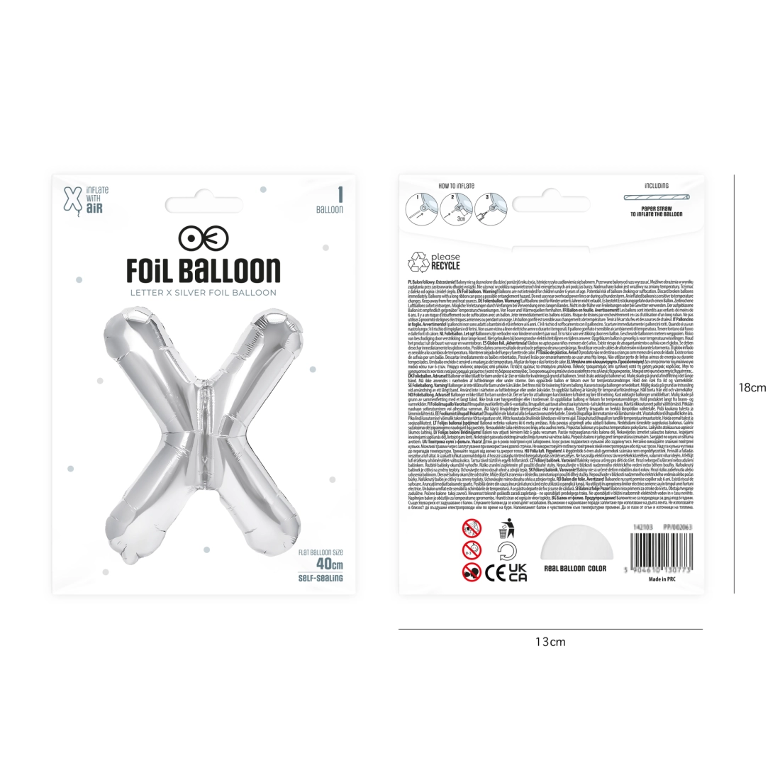 Fólia lufi X betű, ezüst, 40 cm