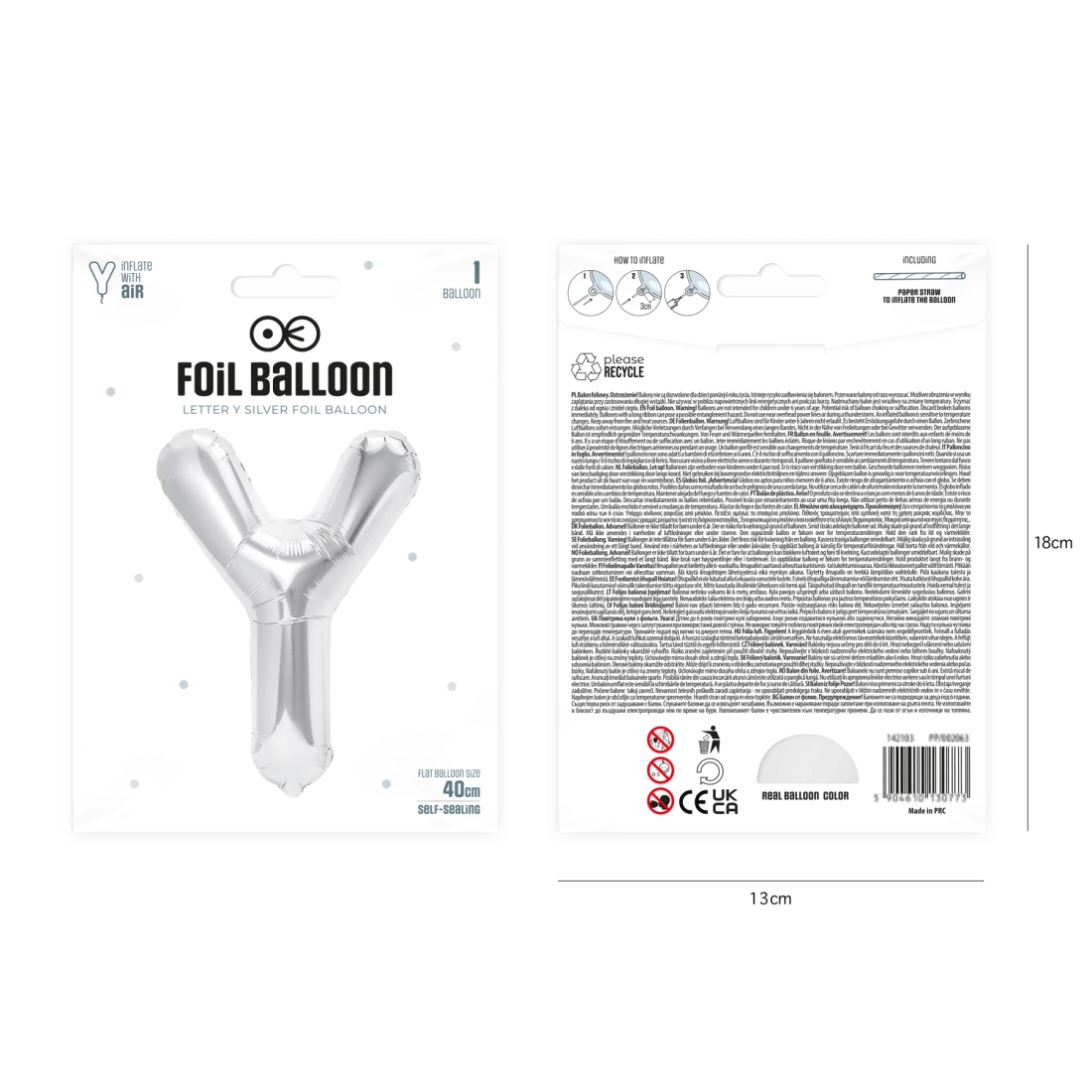 Fólia lufi Y betű, ezüst, 40 cm