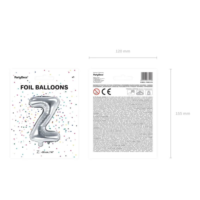 Ezüst fólia lufi Z betű, 35 cm