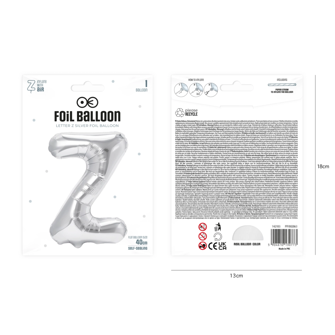 Balon din folie în formă de literă Z, argintiu, 40 cm