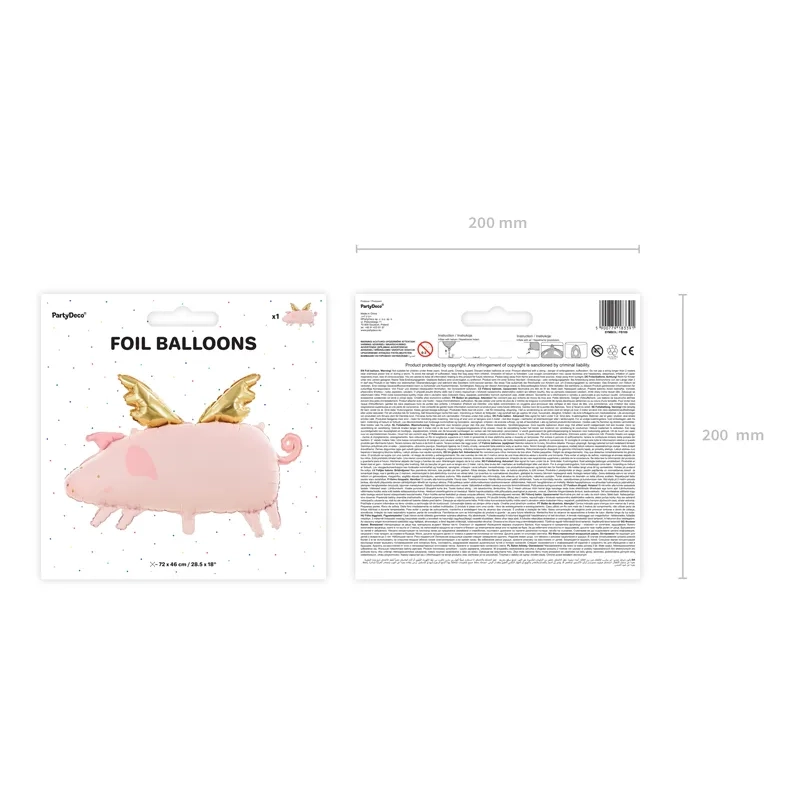 Fólia lufi malac szárnyakkal, rózsaszín, 70x45 cm, héliummal tölthető