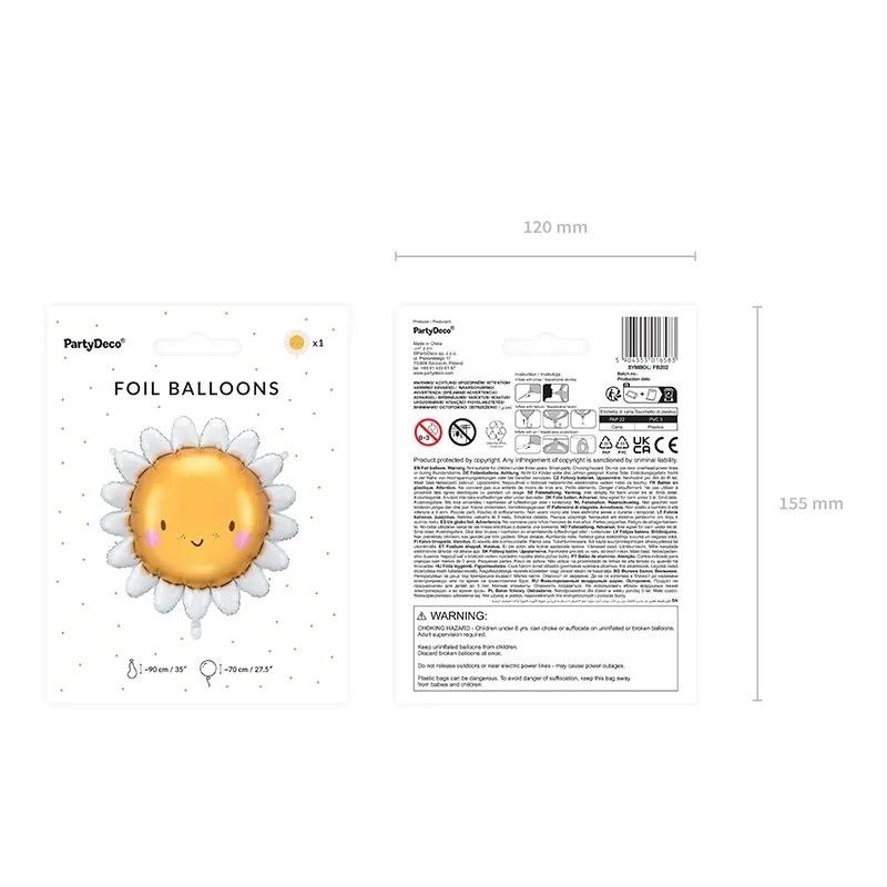 Balon folie Soare 90 cm – galben cu raze albe, pentru heliu și aer