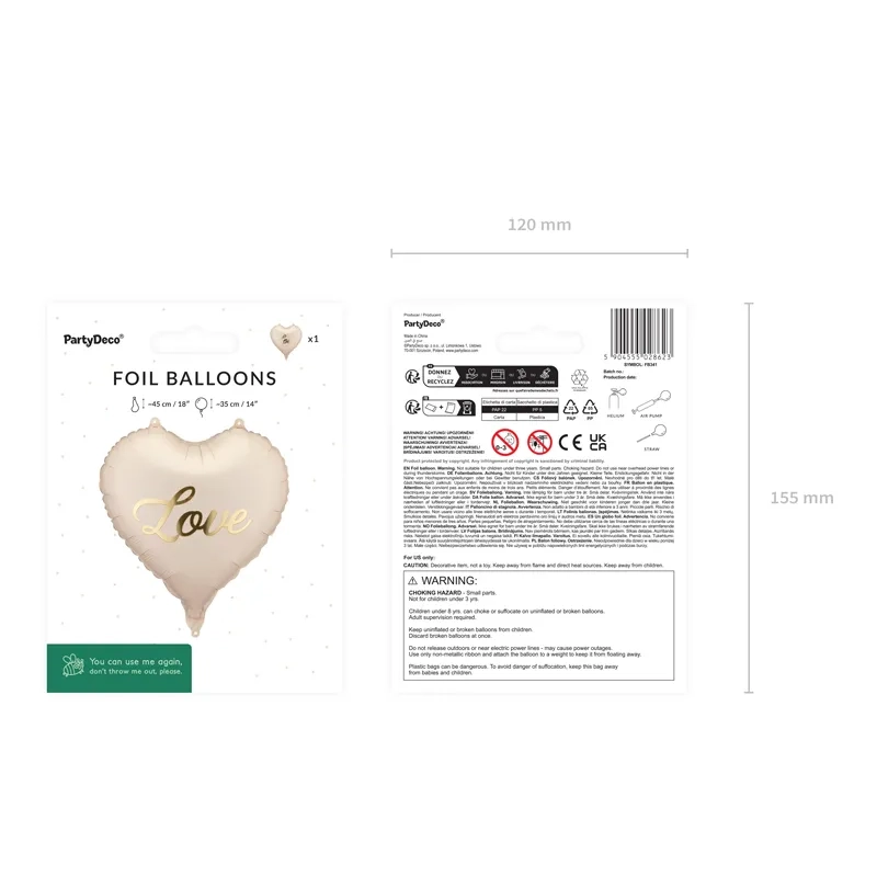 Szív alakú fólia lufi „Love” bézs, arany felirattal