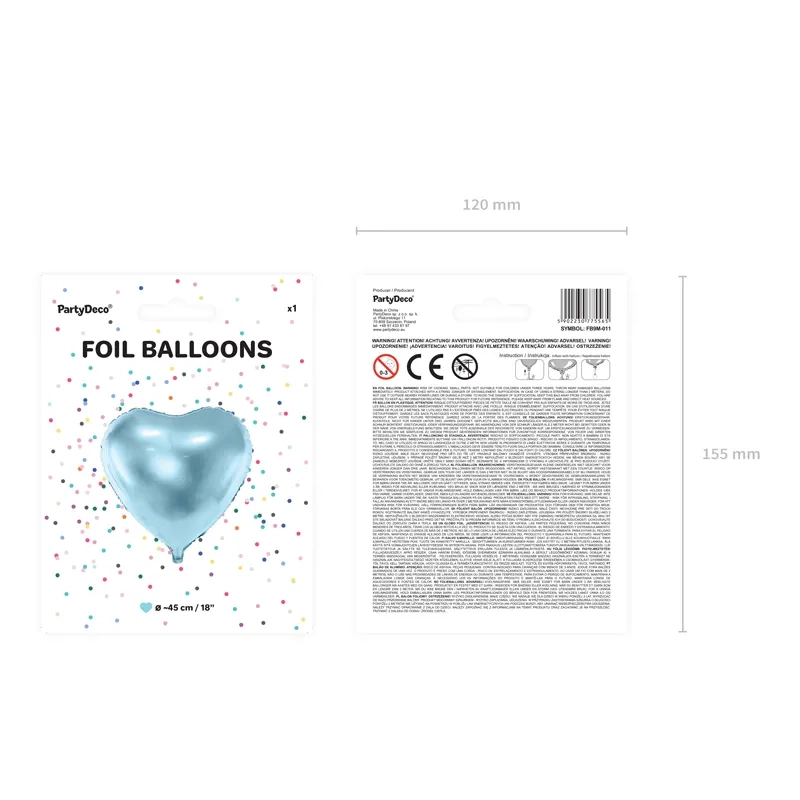 Balon folie inimă, metalic, bleu deschis, 45 cm