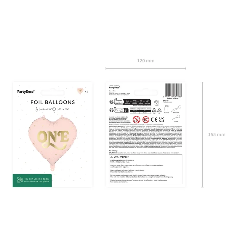 ONE világos rózsaszín szív fólia lufi 45 cm