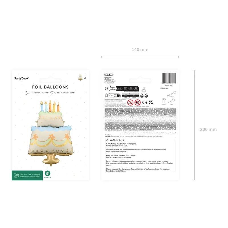 Fólia lufi torta színes gyertyákkal, 62x104 cm, vegyes színek