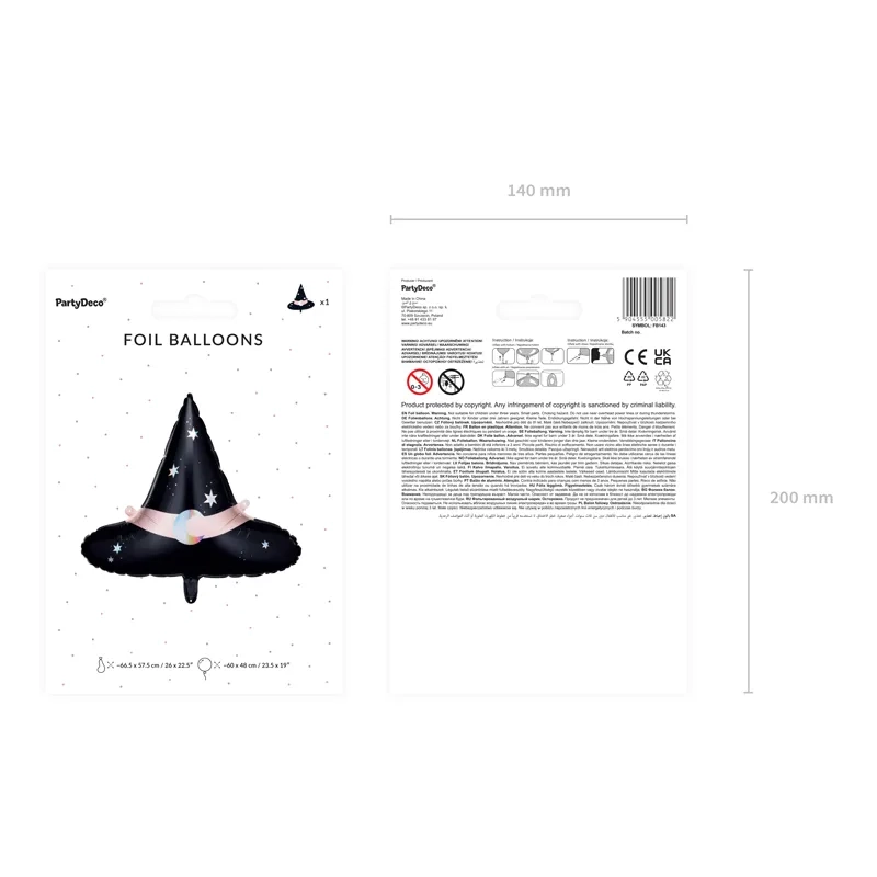 Fólia lufi boszorkánykalap, fekete, 66,5×57,5 cm, csillagokkal
