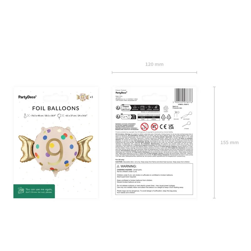 Fólia lufiballon 9-es szám, bézs-arany, 61 x 37 cm