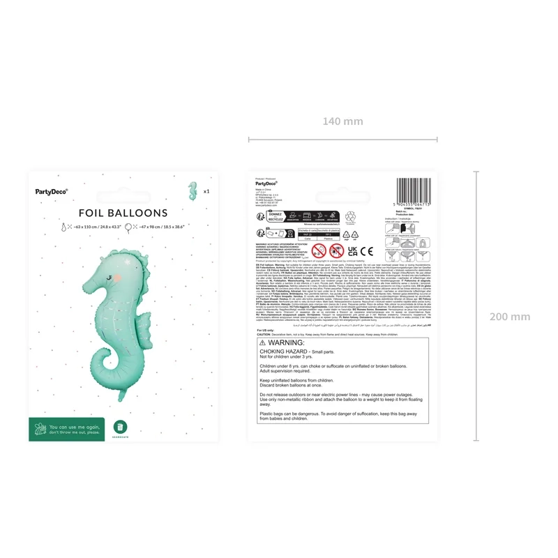 Balon folie căluț de mare, mentolat, 47x98 cm, pentru aer și heliu