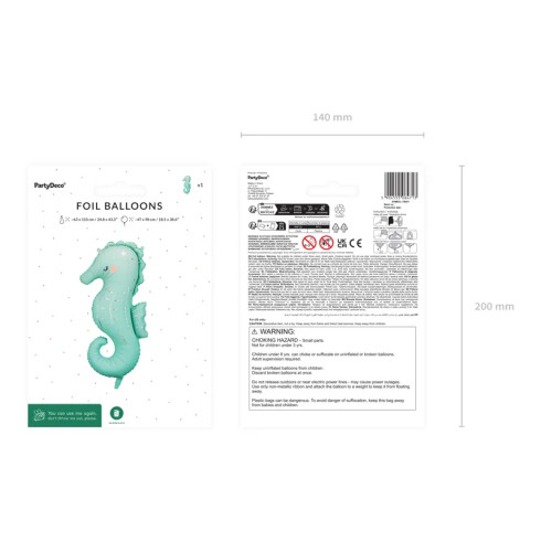 Folijski balon morski konjiček, mentolne barve, 47x98 cm, za zrak in helij