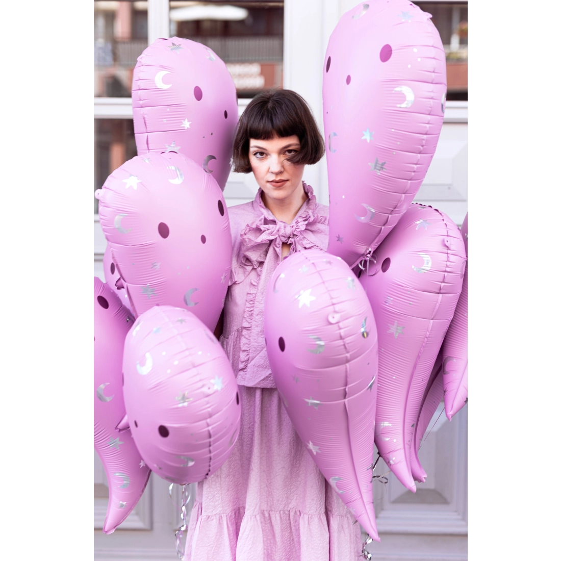 Balon din folie fantomă roz roz cu motiv holografic 41x70 cm