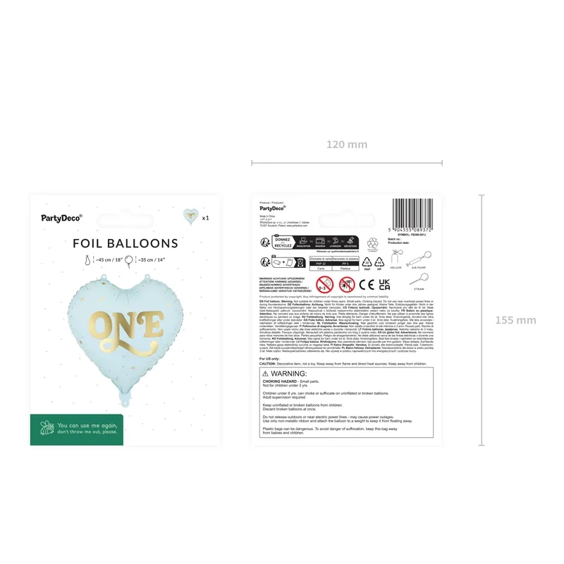 Szív alakú fólia lufi ONE, 45 cm, világoskék arany mintával