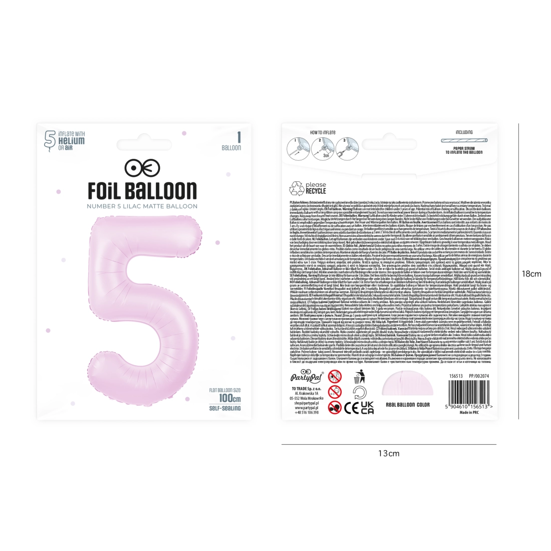 Fólia szülinapi lufiszám 5, lila matt, 100 cm