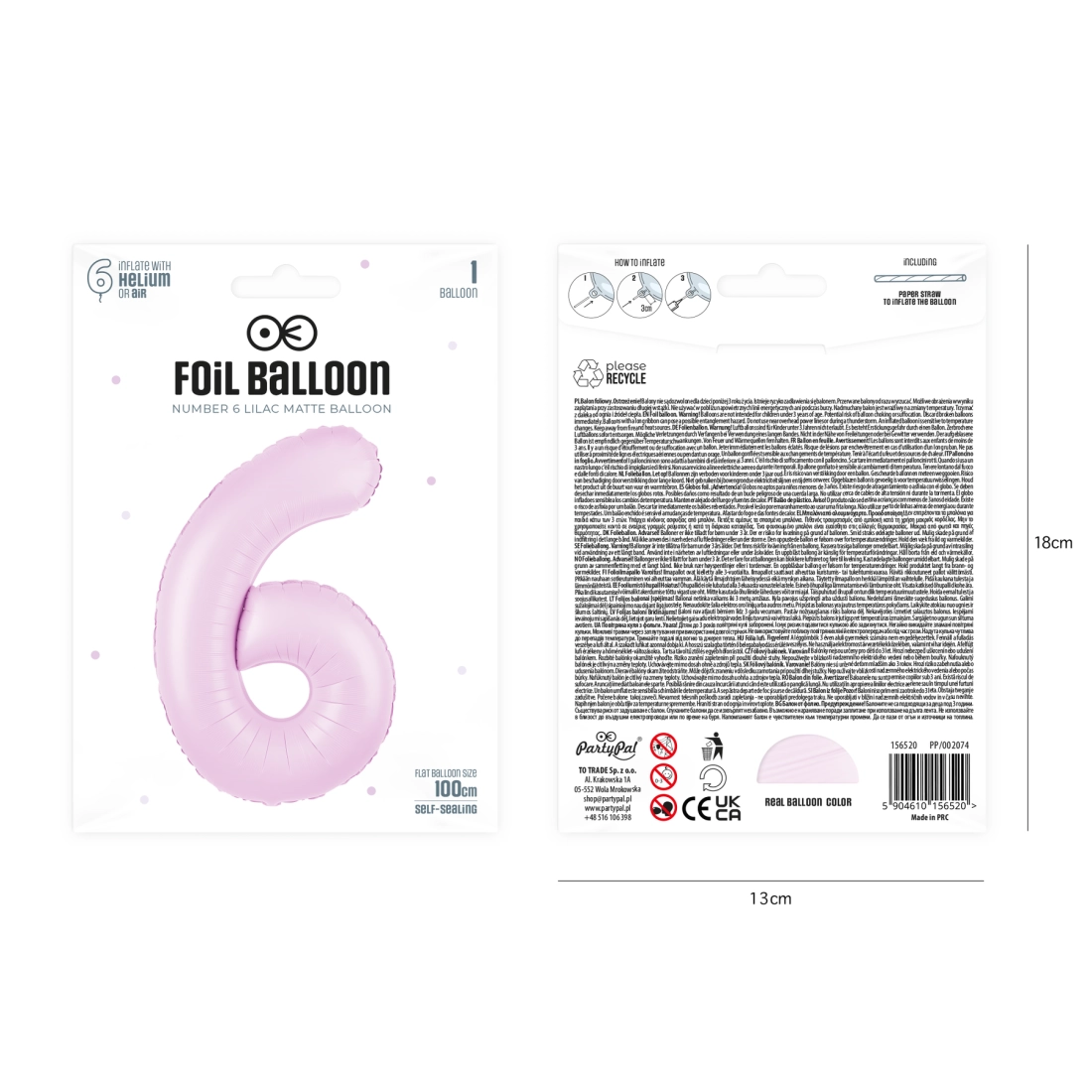 Balon aniversar din folie, cifră 6, lila mat, 100 cm