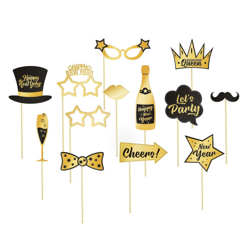 Rekviziti za photo booth New Year crno-zlatni, 13 kom