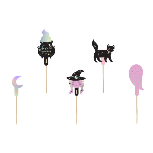 Halloween cupcake beszúrók – boszorkány, macska, szellem, 14 cm, 6 db