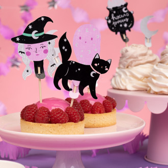 Halloween zastavice za cupcakes – čarovnica, mačka, duh, 14 cm, 6 kosov