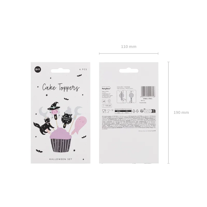 Decoruri Halloween pentru cupcakes – vrăjitoare, pisică, fantomă, 14 cm, 6 buc.