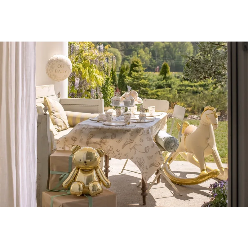 Egyszer használatos bézs terítő virágokkal és madarakkal, 180x120 cm, szintetikus