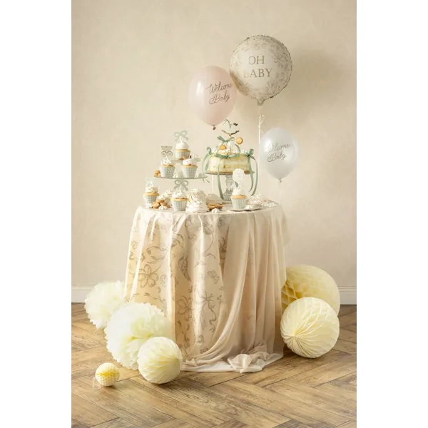 Egyszer használatos bézs terítő virágokkal és madarakkal, 180x120 cm, szintetikus