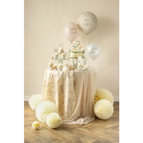 Față de masă bej de unică folosință cu flori și păsărele, 180x120 cm, sintetică