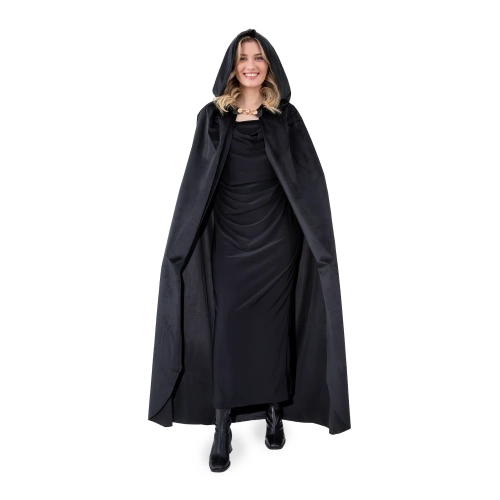 Farsangi bársony köpönyeg kapucnival, fekete, 140 cm