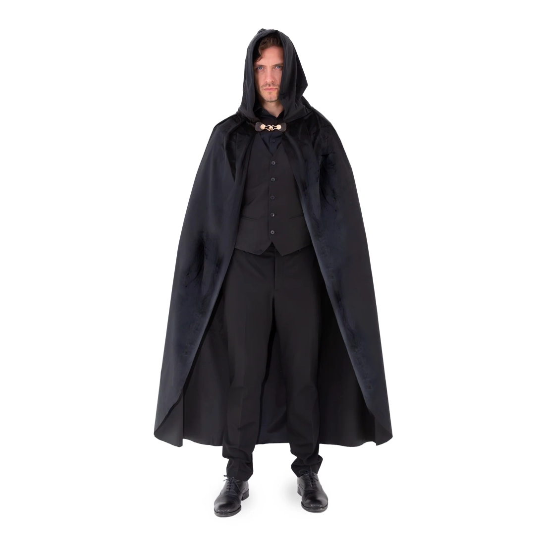 Baršunasti crni karnevalski plašt s kapuljačom 140 cm