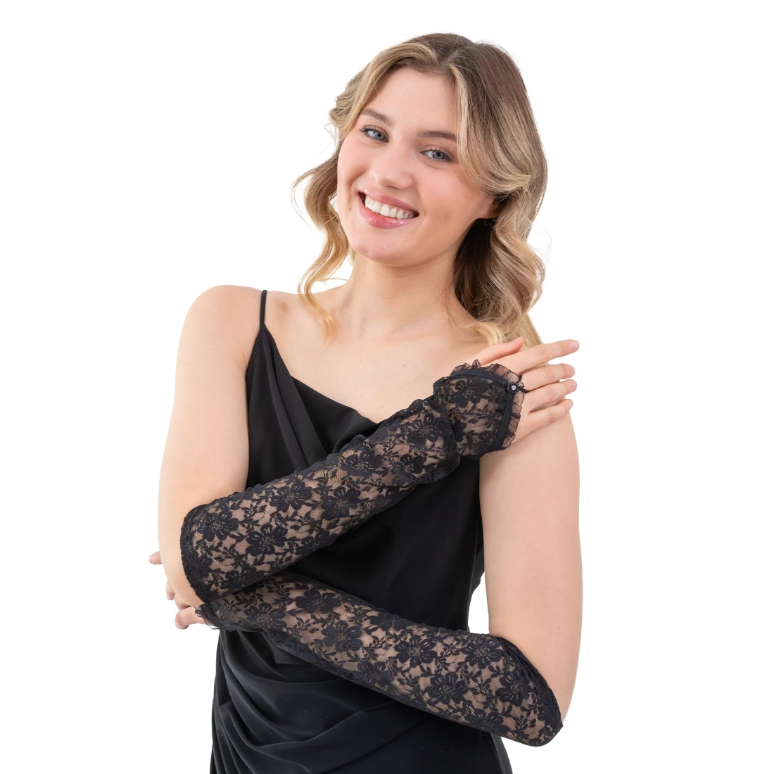 Fekete party harisnyakesztyű strasszkővel