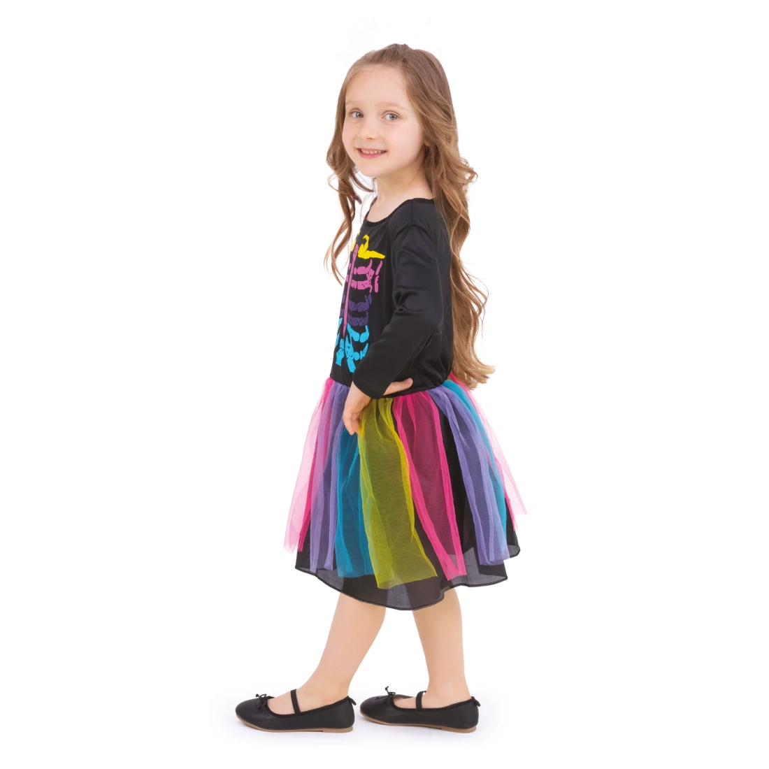 Костюм за момиче за Хелоуин цветен скелет размер M