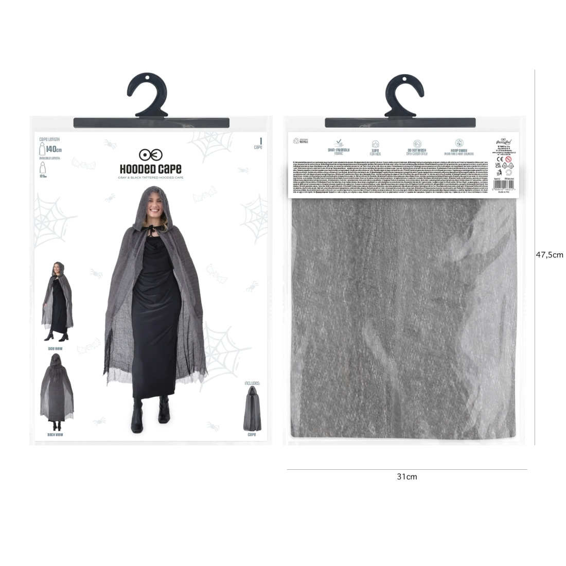Kostimirani plašt s kapuljačom za zabave 140 cm crno-sivi