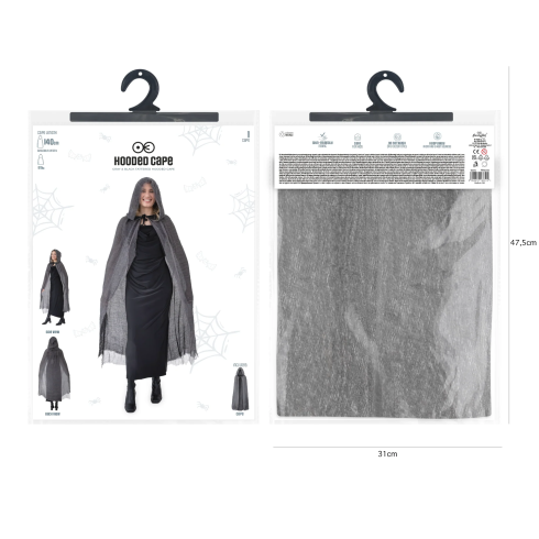 Kostumirani plašč s kapuco za zabave 140 cm črno-siv
