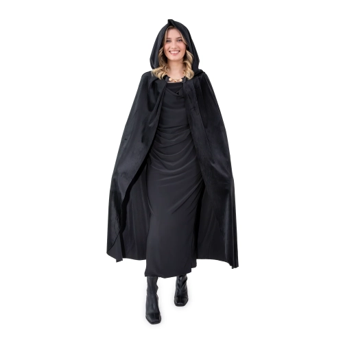 Pelerină de costum din catifea cu glugă, neagră, 120 cm