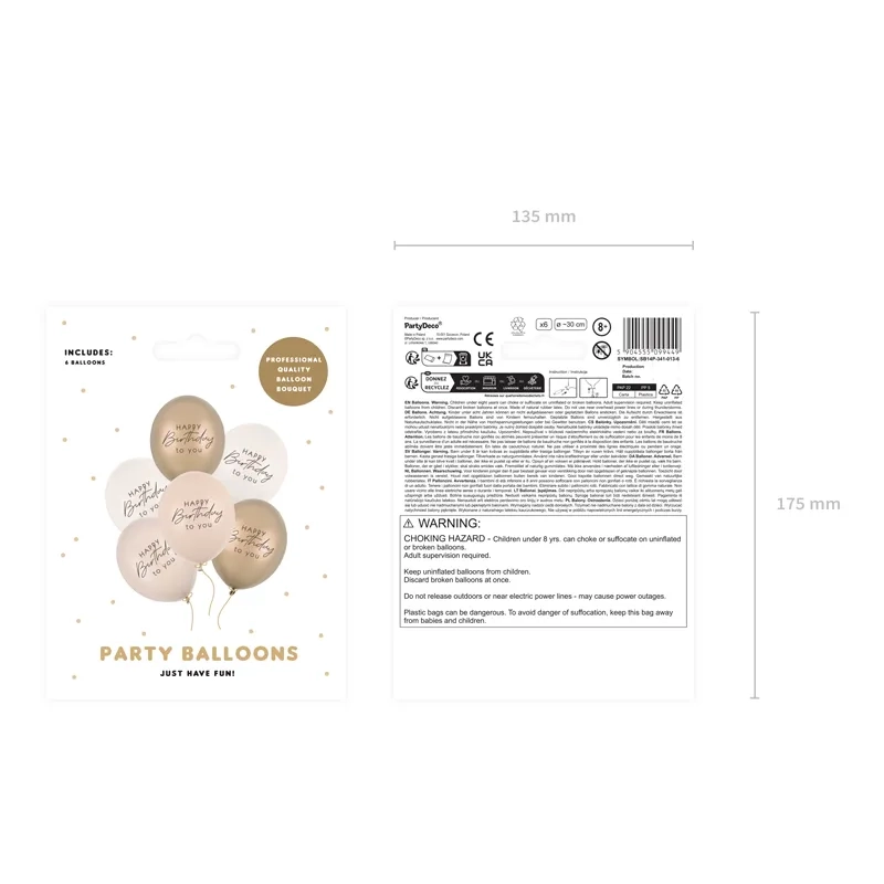 Latex lufik Happy Birthday, bézs mix, 6 db