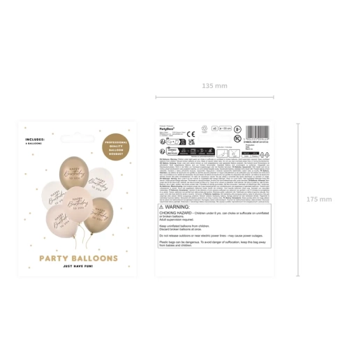 Lateks baloni Happy Birthday beige mix, 6 kosov