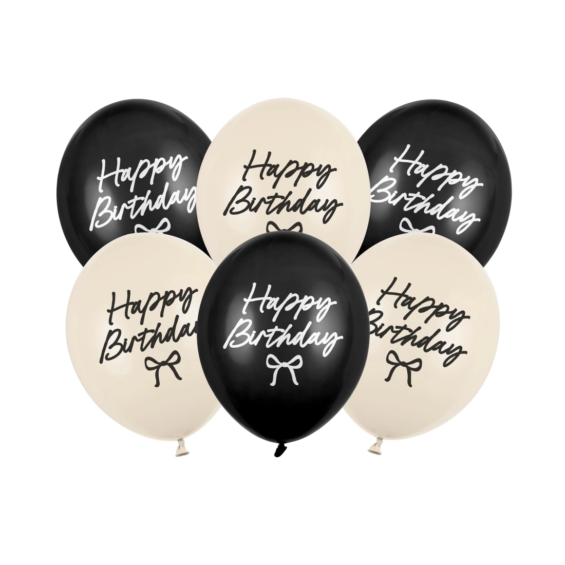 Lateks baloni Happy Birthday Bows, 6 kosov, črni in nude