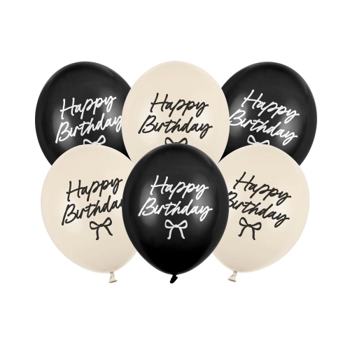 Latexové balónky Happy Birthday Bows 6 ks černé a nude