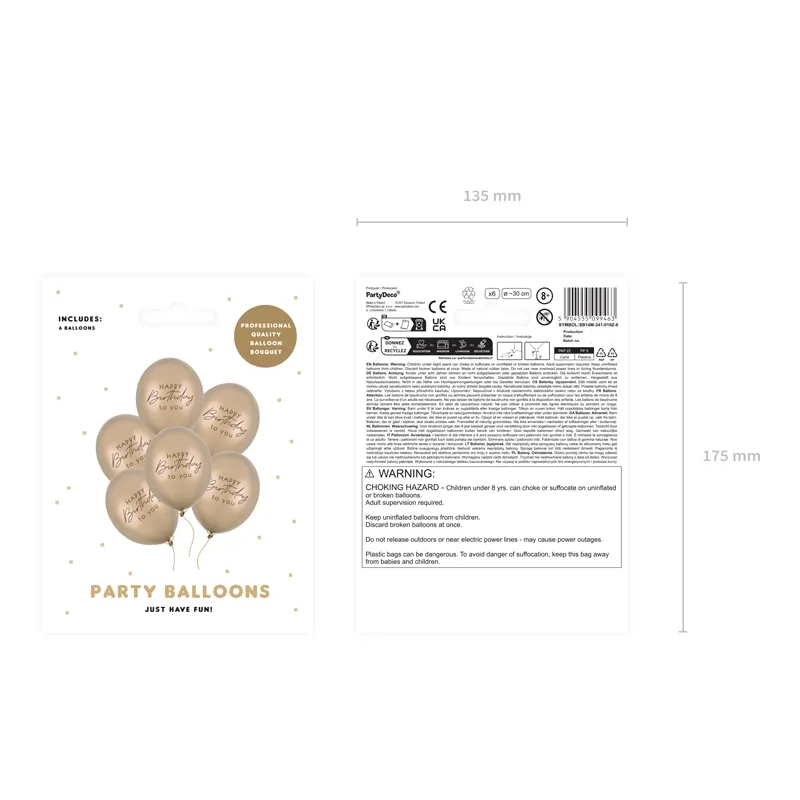 Lateks baloni Happy Birthday metallic cold gold, 6 kosov