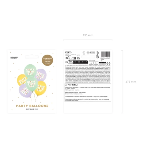 Baloane latex Happy Birthday, mix pastel, 6 bucăți, 30 cm