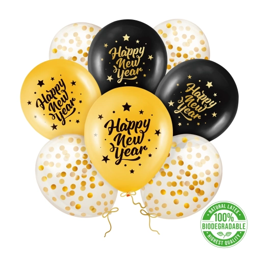 Baloane latex „Happy New Year”, biodegradabile, set 8 buc.