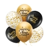 Baloane din latex Happy New Year, negru cu auriu, 6 bucăți